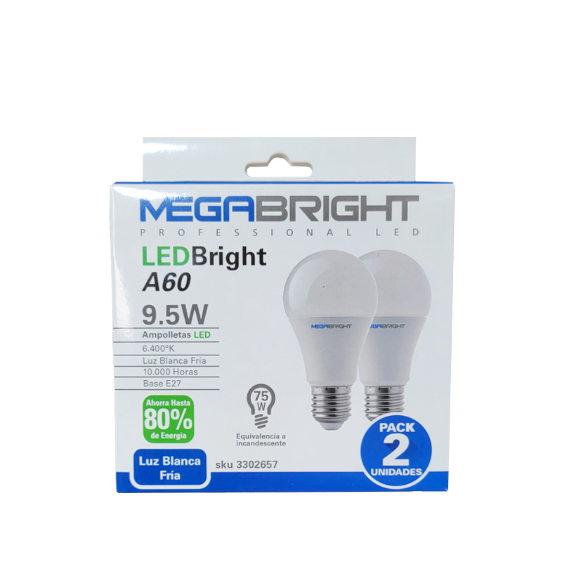 Pack 2 Ampolletas Led Megabright A60 Clásica 9.5W 6400K 