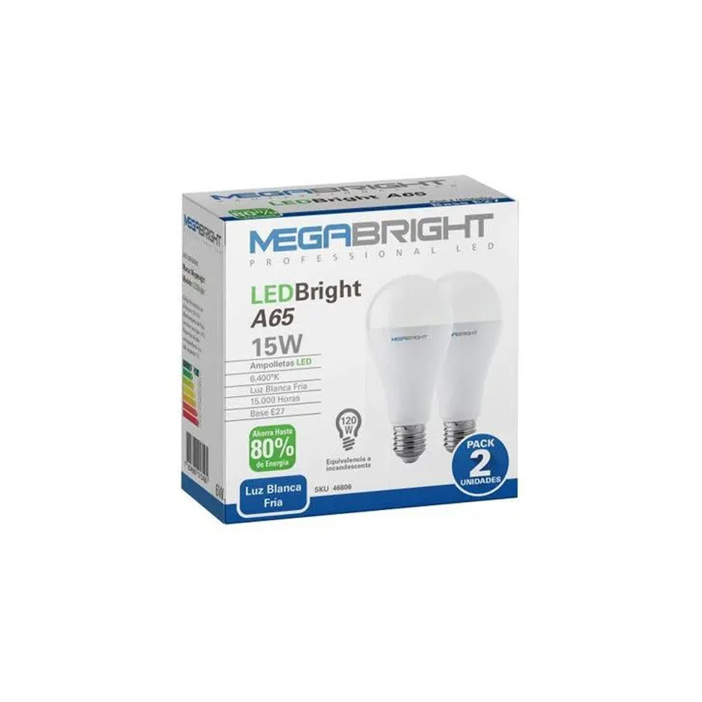 Pack 2 Ampolletas Led Megabright A65 15Watts Un