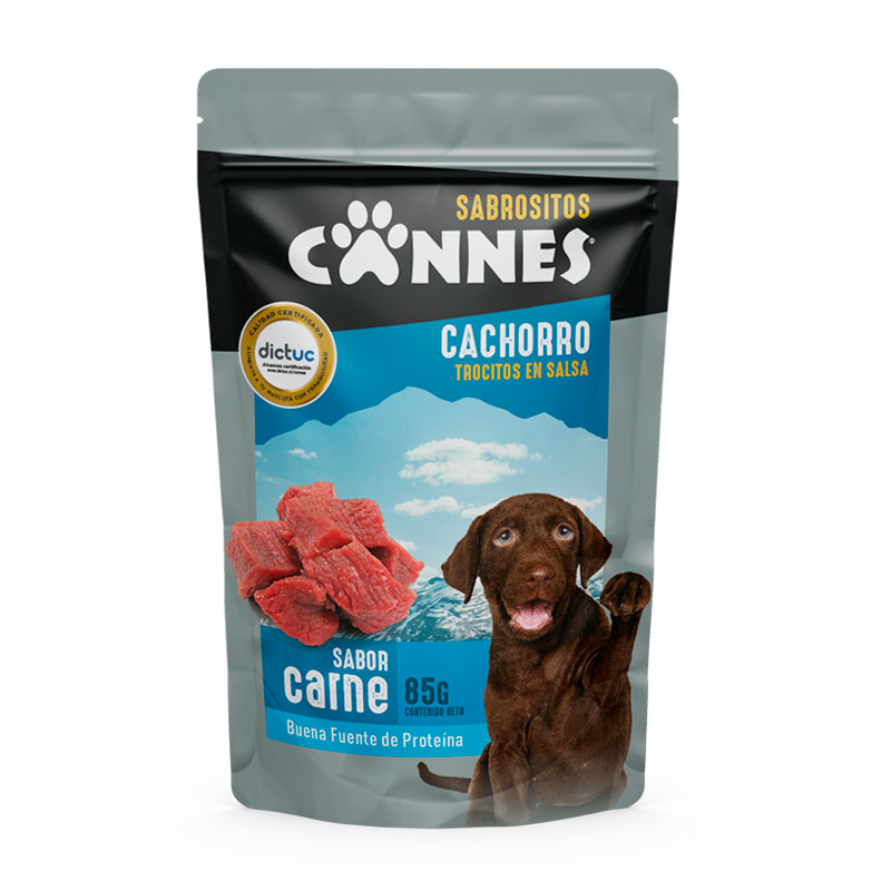 Alimento húmedo perro cachorro Cannes pouch sabor carne 85 grs