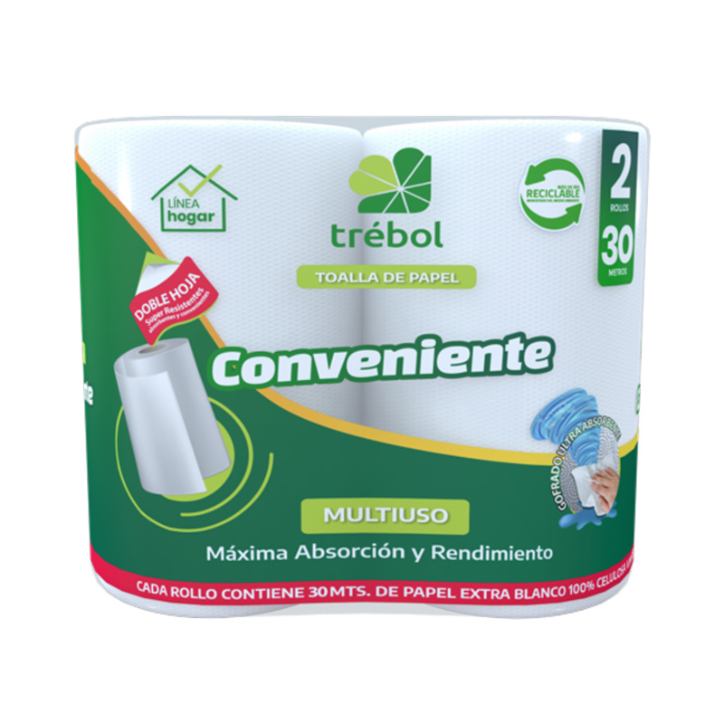 Toalla De Papel Trebol Conveniente D/H 2 Unidades 30 mts