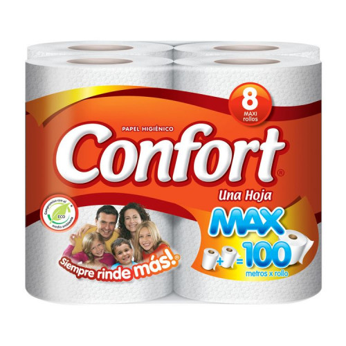 Papel Higiénico Confort Max Una Hoja 100 mts x 8 Und.