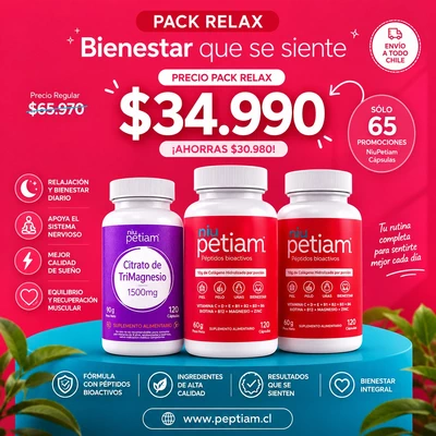 Pack Relax: 2 frascos de NiuPetiam Cápsulas de 120 caps c/u + Citrato de TriMagnesio 1500mg Frasco de 120 cápsulas