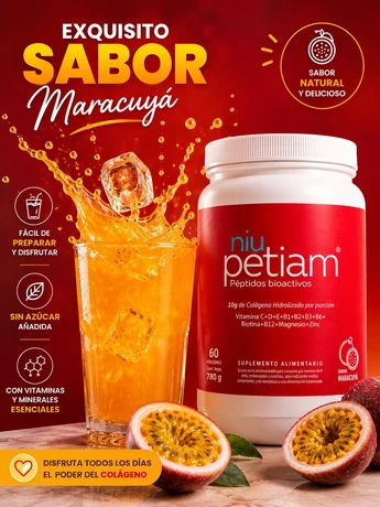 NiuPetiam 60 porciones / 60 días: Péptidos bioactivos de Colágeno Hidrolizado en polvo, sabor maracuyá con vitaminas y minerales - vista alternativa