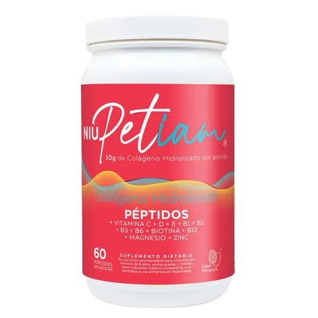 NiuPetiam 60 porciones / 60 días: Péptidos bioactivos de Colágeno Hidrolizado en polvo, sabor maracuyá con vitaminas y minerales