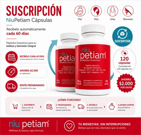 Suscripción para recibir Pack NiuPetiam en Capsulas cada 60 días (2 frascos de 120 cápsulas cada uno)