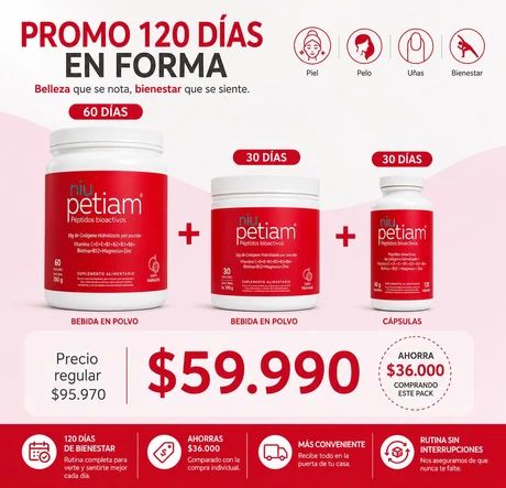 PROMO 120 DIAS EN FORMA, incluye un pote de NiuPetiam en polvo para 60 dìas, uno para 30 dias y un frasco de 120  capsulas, también para 30 dias