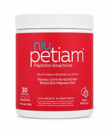 NiuPetiam 30 porciones Colágeno Hidrolizado en polvo, sabor maracuyá, 30 porciones para 30 días. Aporta proteinas, vitaminas, minerales y antioxidantes