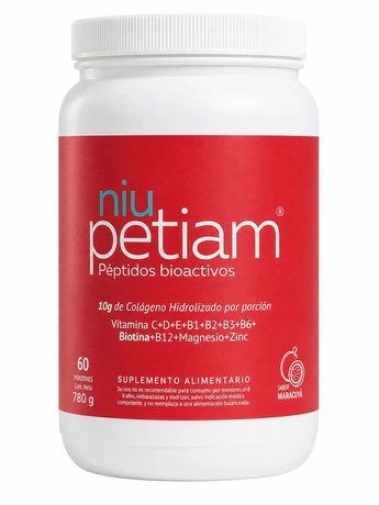 NiuPetiam 60 porciones / 60 días: Péptidos bioactivos de Colágeno Hidrolizado en polvo, sabor maracuyá con vitaminas y minerales
