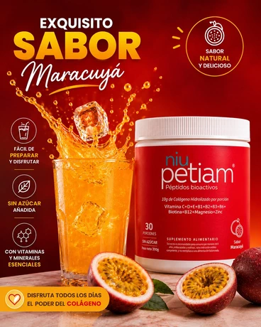 NiuPetiam 30 porciones Colágeno Hidrolizado en polvo, sabor maracuyá, 30 porciones para 30 días. Aporta proteinas, vitaminas, minerales y antioxidantes - vista alternativa