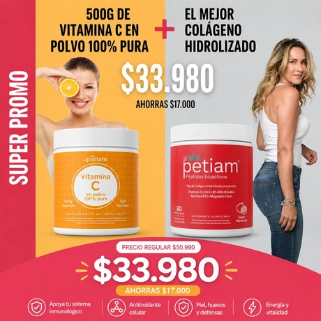 NiuPetiam 30p +  Vitamima C promoción Colágeno Hidrolizado en polvo, sabor maracuyá, 30 porciones para 30 días + 500 porciones 1g de vitamima C en polvo 100% pura