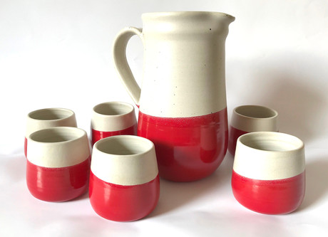 Juego pisco sour cerámica gres blanco y rojo