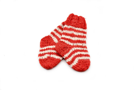 Par de calcetines niños en lana natural - Rojo y líneas blancas