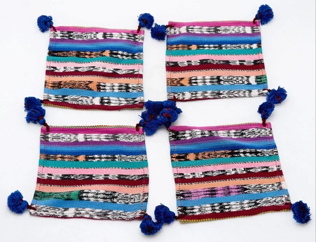 Set de 4 posavasos en tela algodón guatemalteco - Jaspe pompones azules