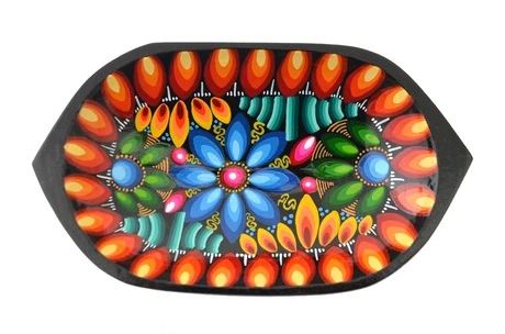 Pocillo ovalado con flores y borde rojo y amarillo rojo