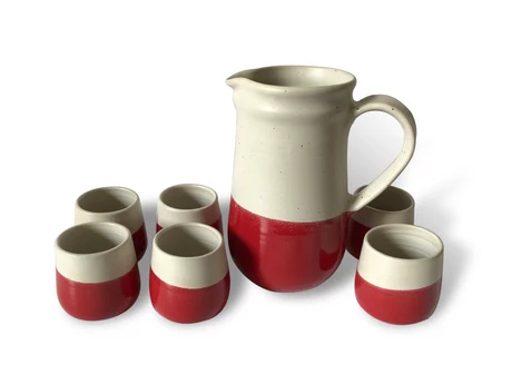 Juego pisco sour cerámica gres blanco y rojo