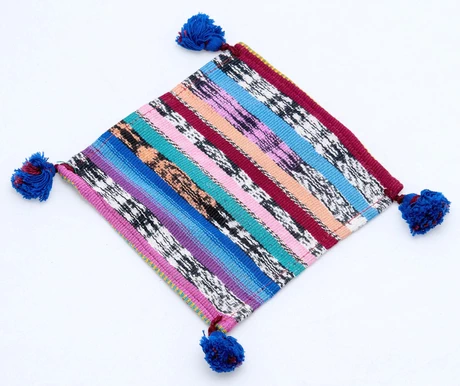 Set de 4 posavasos en tela algodón guatemalteco - Jaspe pompones azules