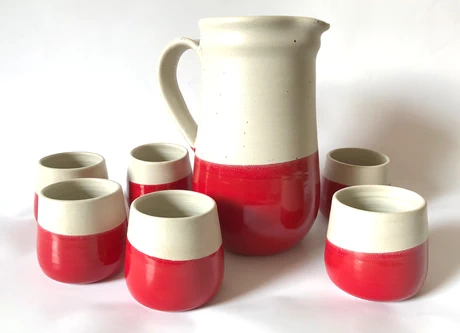 Juego pisco sour cerámica gres blanco y rojo