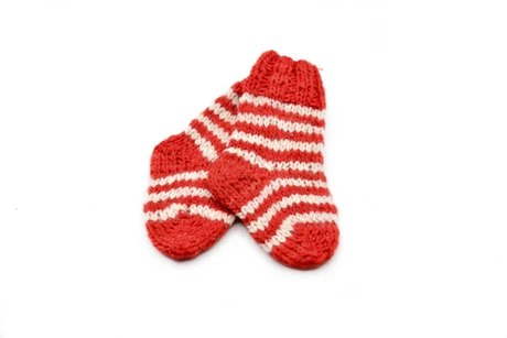 Par de calcetines niños en lana natural - Rojo y líneas blancas