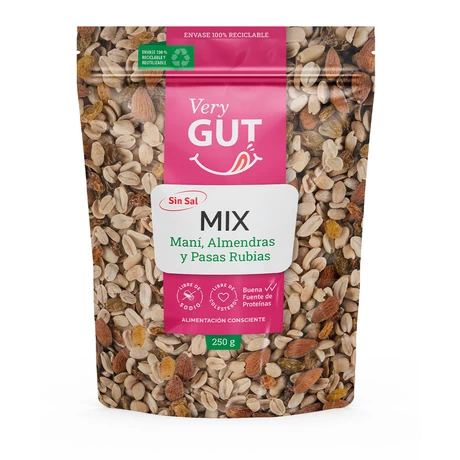 Mix sin sal: maní, pasas rubias, almendras 250 g, VERY GUT 