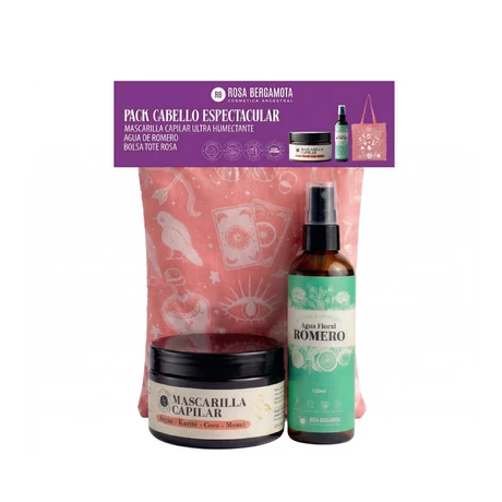 Pack Rosa Bergamota Mascarilla Capilar 250g + Agua de Romero 120 mL + Bolsa Tote Rosa