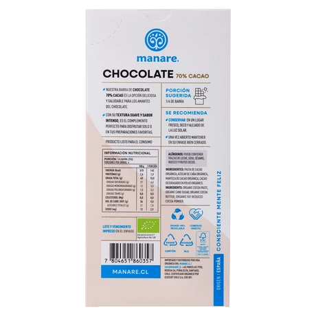 Chocolate 70% cacao org manare 100 gr - vista alternativa