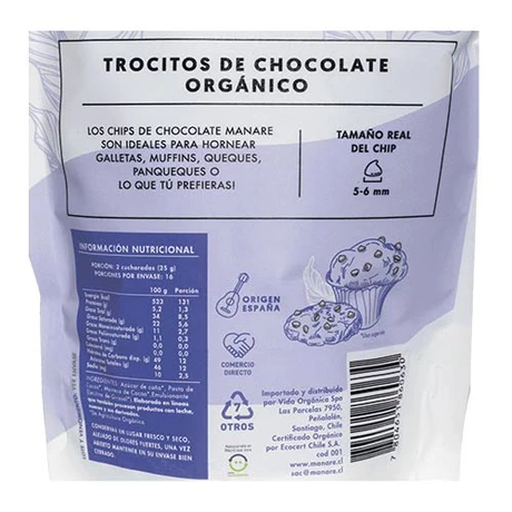 Chips chocolate org. 52% cacao 400 g, manare - vista alternativa