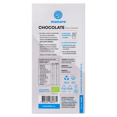 Chocolate 100% cacao org. 100 g, manare - vista alternativa