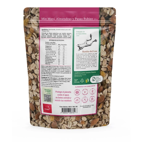 Mix sin sal: maní, pasas rubias, almendras 250 g, VERY GUT  - vista alternativa