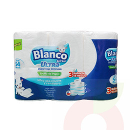 Toalla de Papel Doble Hoja Blanco Del Sur 3 Rollos 18Mt