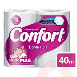 Papel Higiénico Doble Hoja Confort 40Mt 8 Unidades