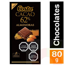 Chocolate 62% Cacao con Almendras Costa 80gr