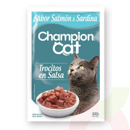 Sachet sabor Salmón y Sardina Champion Cat 100Gr Trocitos Adulto