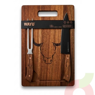 BBQ Set Cuchillo + Pinzas + Tabla Wayu