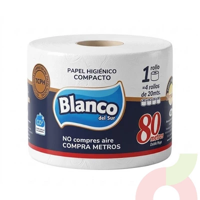 Papel Higiénico Doble Hoja Blanco Del Sur 80Mt