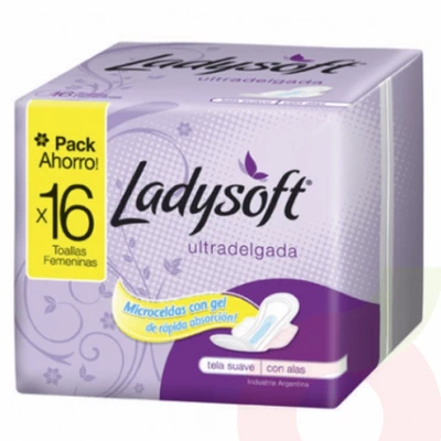 Toallitas Higiénicas Ultradelgada Suave Microfibras con Gel Ladysoft 16 Unidades
