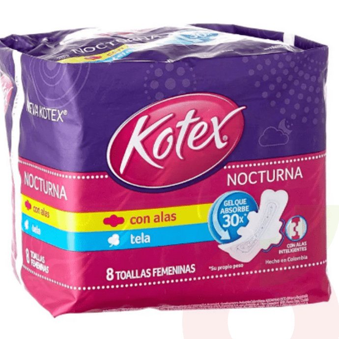 Toallitas Higiénicas Nocturna Tela Gel Absorbente Kotex 8 Unidades - Toallas Femeninas-Kotex-Nocturnas 8 Unid.