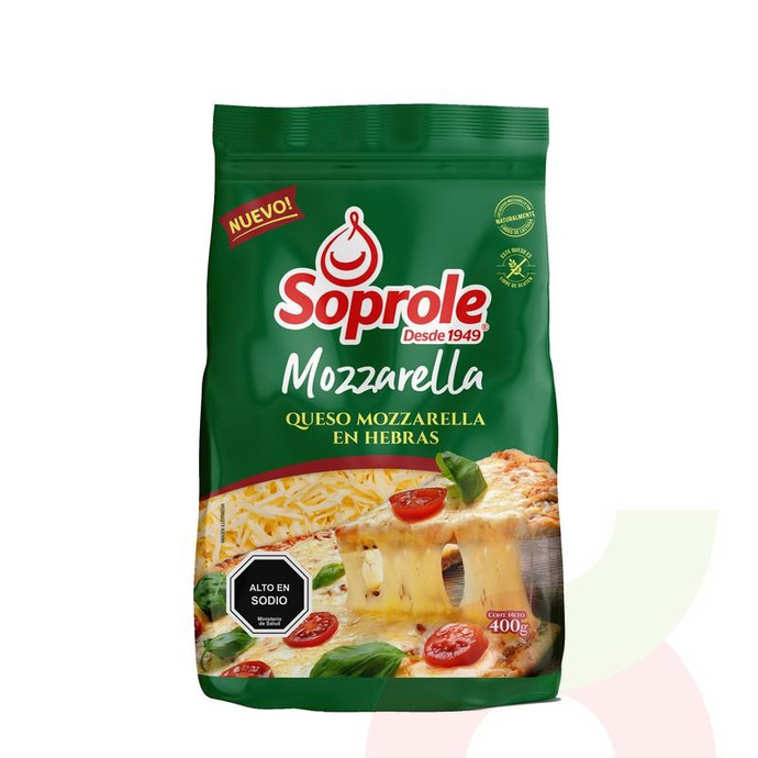 Queso Mozzarella Hebras Soprole 400Gr - Queso Mozzarella Soprole 400Gr Hebras