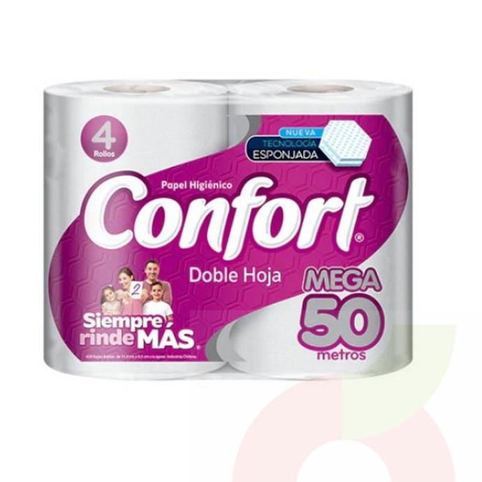 Papel Higiénico Doble Hoja Confort 50Mt 4 Unidades  - Papel Higienico Confort Dh 4U 50M