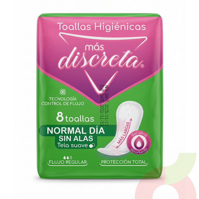Toallas H. Normal Sin Alas Más Discreta 8 Unidades - Toallas Higiénicas Más Discreta Nosotras 8 Unidades.JPG