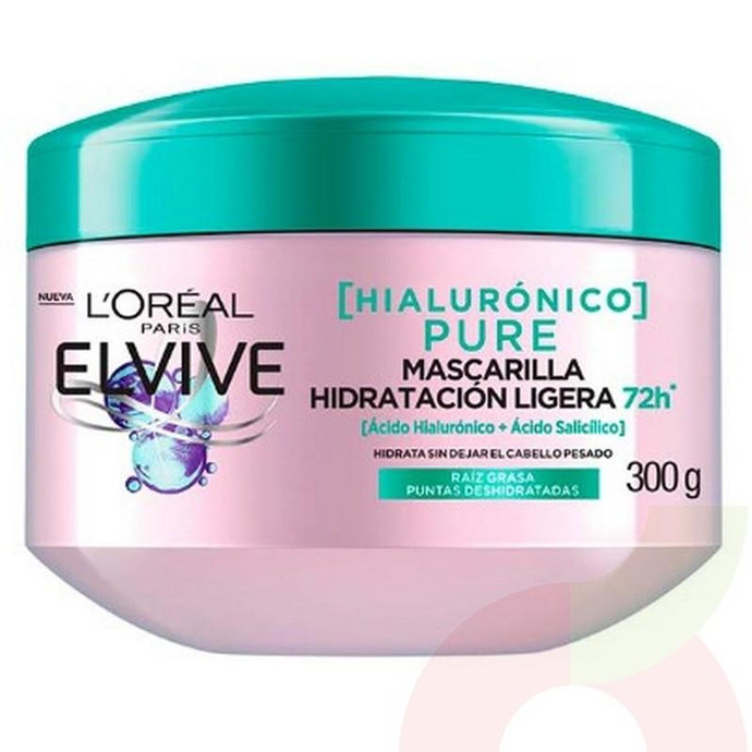 Crema Mascarilla Hidratación Ligera Hialurónico Pure L´oréal Elvive 300Gr - Crema Mascarilla Hidratación Ligera-Elvive 300Ml