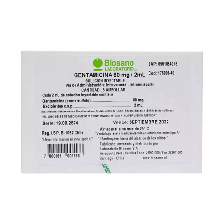 GENTAMICINA 80MG/2ML INYECTABLE 5 AMPOLLAS