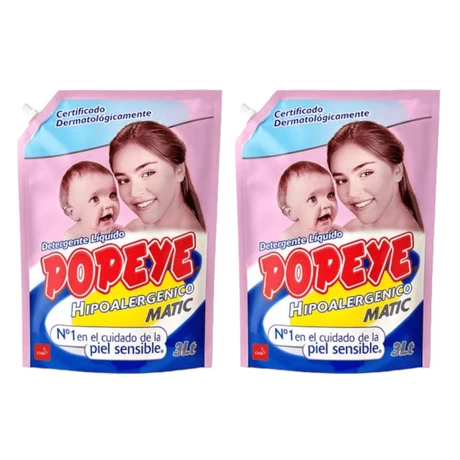 Detergente Líquido Popeye Hipoalergénico Doypack 3 lts x 2 UN