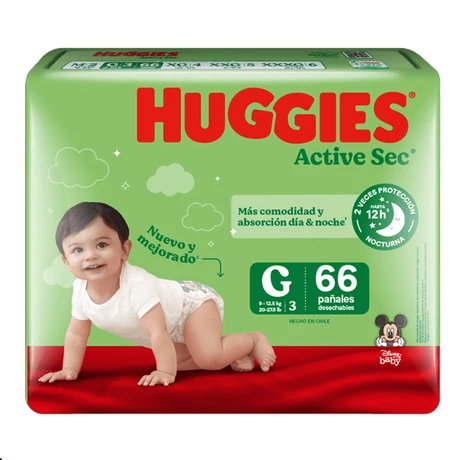 Pañales Huggies Active Sec G 66 unidades