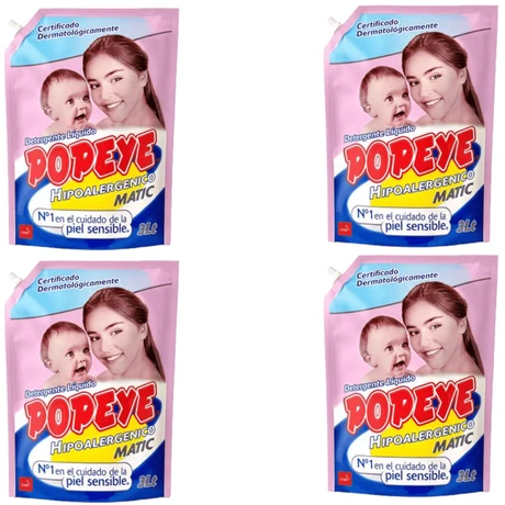 Detergente Líquido Popeye Hipoalergénico Doypack 3 lts X 4 UN