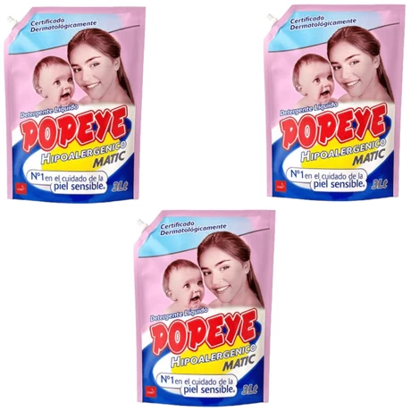 Detergente Líquido Popeye Hipoalergénico Doypack 3 lts X 3 UN