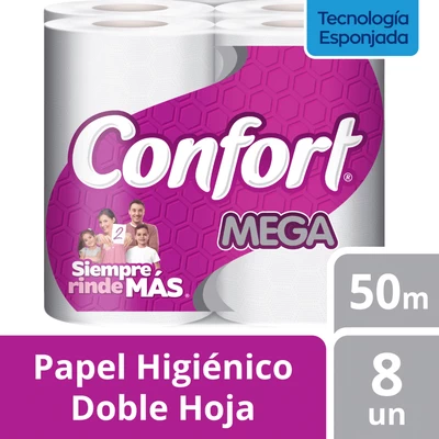 Papel Higiénico Confort Mega Doble Hoja 50 mts c/u 8 Unid