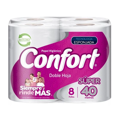 Papel Higiénico Confort Súper Doble Hoja 40 mts c/u 8 Unid