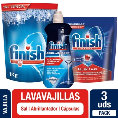 Pack Lavavajilla Finish: Sal 1 Kg, Abrillantador 400 ml y Detergente Cápsulas 13 Unid