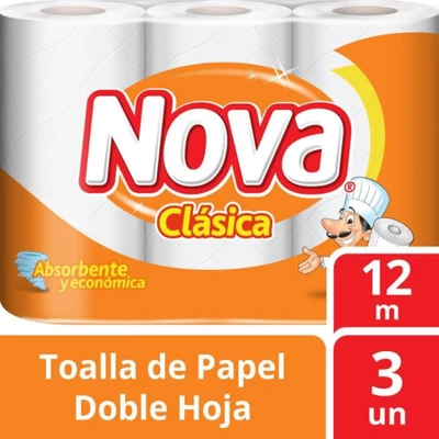 Toalla de Papel Nova Clásica Doble Hoja 12 mts c/u 3 Unid