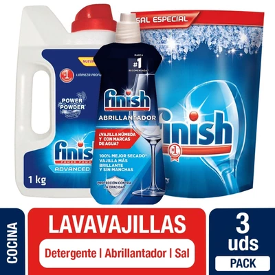 Pack Lavavajilla Finish: Sal 1 Kg, Abrillantador 400 ml y Detergente Polvo 1 kg
